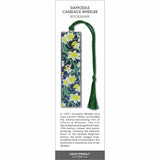 Daffodils Candace Wheeler bookmark featuring yellow daffodils and flowing green stems on a dark blue patterned background with green tassel.