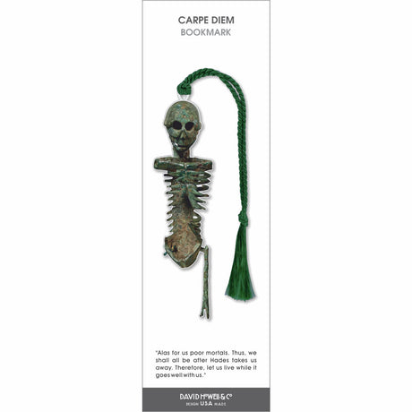 Carpe Diem bookmark featuring a weathered skeleton figure with green patina finish and matching green tassel, symbolizing mortality.