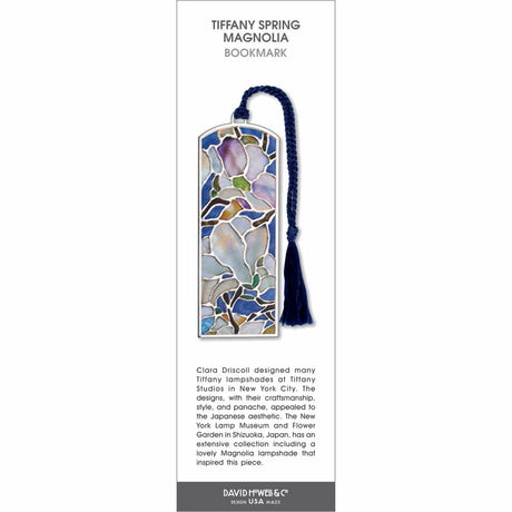 Tiffany Spring Magnolia bookmark featuring stained-glass style magnolia blossoms in soft blues and purples with a navy tassel.