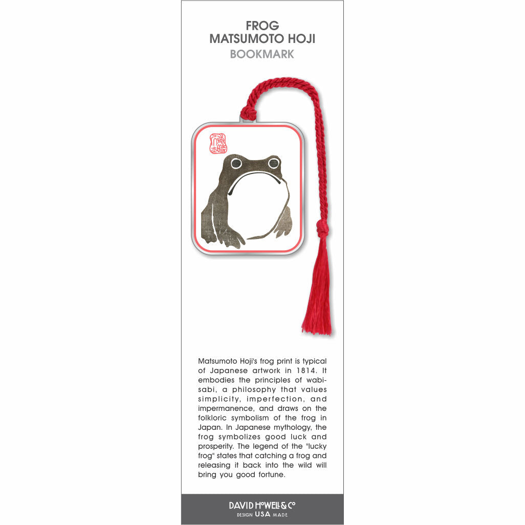 Frog Matsumoto Hoji bookmark featuring a minimalist Japanese frog illustration with red border detail and red tassel.