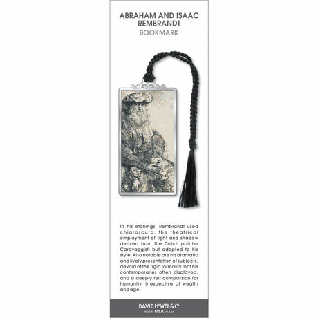 Abraham and Isaac Rembrandt bookmark with etched scene of bearded man and child, silver frame, and black tassel.
