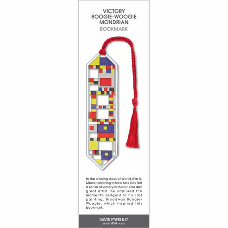 Victory Boogie-Woogie Mondrian bookmark featuring geometric blocks in red, blue, yellow, and white with a red tassel.