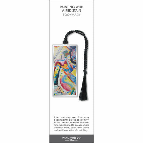 Painting with a Red Stain bookmark, abstract Kandinsky-style design with bold colors, silver frame, and black tassel