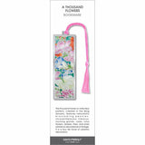 A Thousand Flowers bookmark, floral mosaic of colorful blossoms and foliage, silver frame, pink tassel