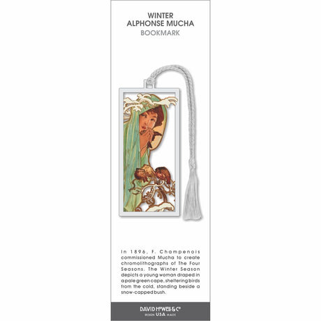 Winter Alphonse Mucha bookmark, woman in green cloak sheltering birds beside snowy branches, silver frame, white tassel.