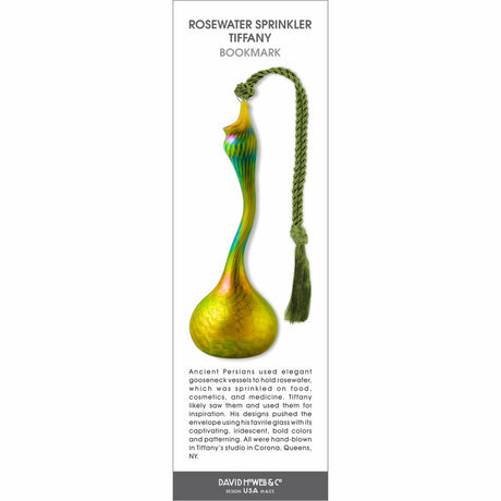 Rosewater Sprinkler Tiffany bookmark, iridescent glass vessel in green and gold tones, with green tassel