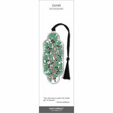 Olives bookmark featuring a stylized olive branch with green leaves and black olives, finished with a black tassel.