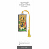 Visconti-Sforza Tarot Card Wheel of Fortune bookmark featuring a medieval-style Wheel of Fortune illustration framed in silver-tone metal with a yellow tassel. 
