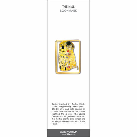 The Kiss’ bookmark inspired by Klimt, showing a gold-patterned embracing couple within a square frame.