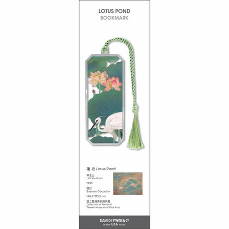 Lotus Pond’ bookmark featuring blooming lotus flowers and white cranes in a serene pond scene with a green tassel.