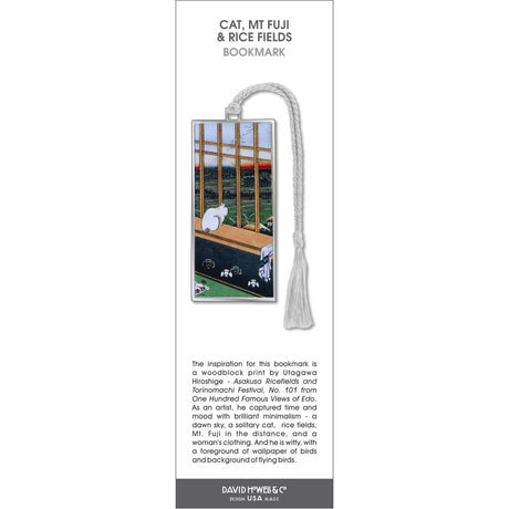 Cat, Mt Fuji & Rice Fields’ bookmark featuring a white cat by a window overlooking rice fields and Mount Fuji.