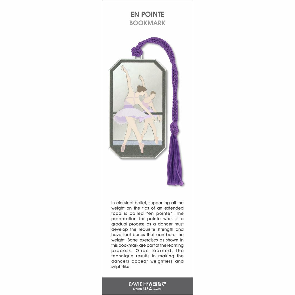 En Pointe’ bookmark featuring two ballet dancers at the barre in soft pastel tones with a purple tassel.