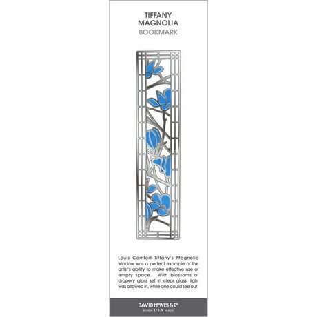 Tiffany Magnolia’ bookmark featuring blue magnolia blossoms in a stained glass–style silver design.