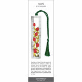 Tulips’ bookmark featuring red tulip flowers in a geometric stained glass–style design, with a green braided tassel.