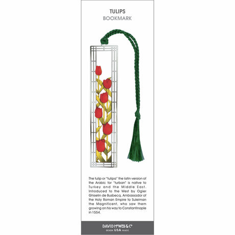 Tulips’ bookmark featuring red tulip flowers in a geometric stained glass–style design, with a green braided tassel.