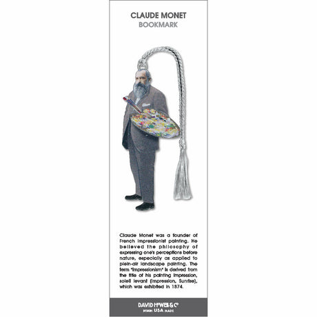 Claude Monet bookmark featuring a portrait of the artist holding a paint palette, with a silver braided tassel.