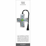 Tiffany Cross’ bookmark featuring a decorative cross with blue and green glass details, with a black braided tassel.