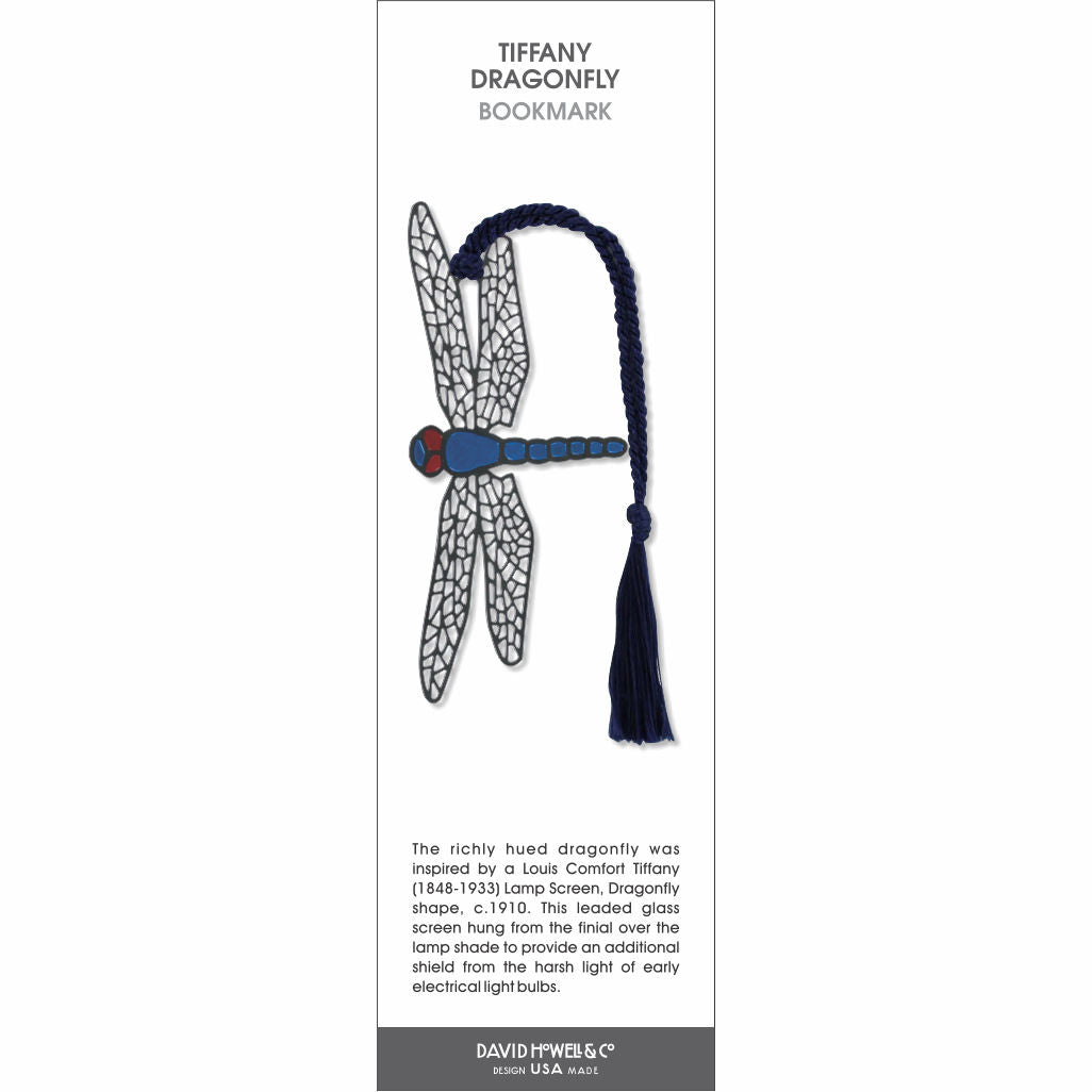 Tiffany Dragonfly’ bookmark featuring a stylized dragonfly with blue body and detailed wings, with a blue braided tassel.