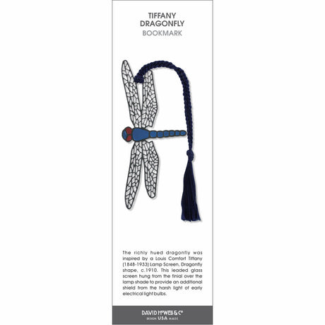 Tiffany Dragonfly’ bookmark featuring a stylized dragonfly with blue body and detailed wings, with a blue braided tassel.