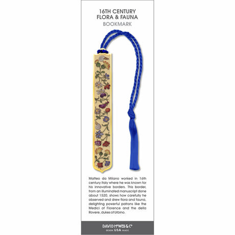 16th Century Flora & Fauna’ bookmark featuring detailed botanical illustrations, with a blue braided tassel.