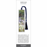 Water Lilies’ bookmark featuring Monet’s impressionist water garden scene, with a blue braided tassel.