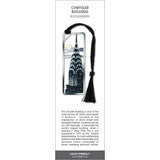 Chrysler Building’ bookmark featuring an Art Deco skyscraper at night, with a black braided tassel.