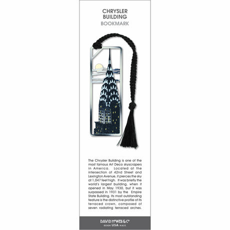 Chrysler Building’ bookmark featuring an Art Deco skyscraper at night, with a black braided tassel.