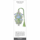 Forget-Me-Not’ bookmark featuring blue floral design with green leaves, with a light green braided tassel.