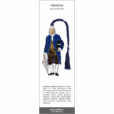 Franklin’ bookmark featuring Benjamin Franklin in colonial attire holding a kite with a blue tassel.