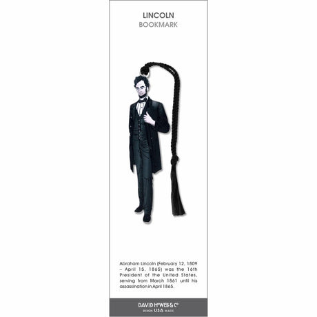 Lincoln’ bookmark featuring Abraham Lincoln in a black suit and bow tie with a black tassel.