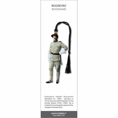 Theodore Roosevelt bookmark featuring a vintage illustration of the U.S. president, with a black braided tassel.
