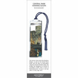 Central Park Viewing South’ bookmark featuring Gapstow Bridge, NYC skyline at dusk, and a blue tassel.