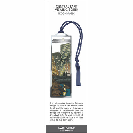 Central Park Viewing South’ bookmark featuring Gapstow Bridge, NYC skyline at dusk, and a blue tassel.