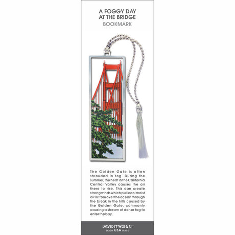 A Foggy Day at the Bridge’ bookmark featuring the Golden Gate Bridge with greenery and a gray tassel.