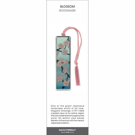 Blossom’ bookmark featuring pink cherry blossoms on branches against a blue background with a pink tassel.