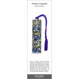 Tiffany Clematis bookmark, a stained-glass style pattern of blue and white clematis flowers with green accents, finished with a rich purple tassel.