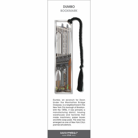 DUMBO’ bookmark featuring the Manhattan Bridge view from Brooklyn with city buildings and a black tassel.