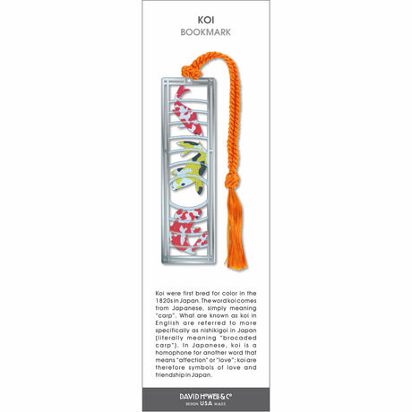 Koi’ bookmark featuring colorful koi fish in red, white, and yellow within a silver frame and orange tassel.