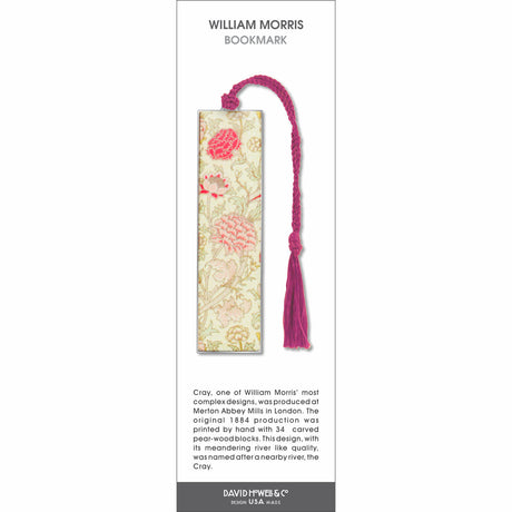 William Morris’ bookmark featuring a floral pattern of soft pink flowers and green leaves with a pink tassel.