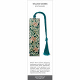William Morris’ bookmark featuring a floral pattern of soft pink flowers and green leaves with a teal tassel.