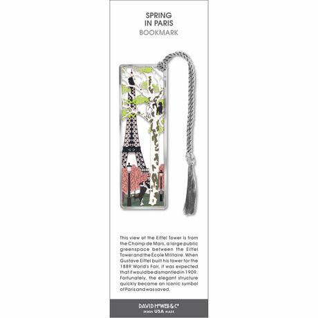 Spring in Paris’ bookmark featuring the Eiffel Tower, a dog in the park, and cats in a tree, with a gray tassel.