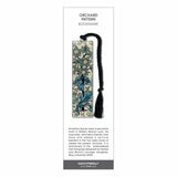 Orchard Pattern’ bookmark featuring a William Morris–style floral design with blue-green leaves and a black tassel.