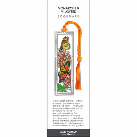 Monarchs & Milkweed’ bookmark with two orange-and-black monarch butterflies on pink milkweed flowers and an orange tassel.