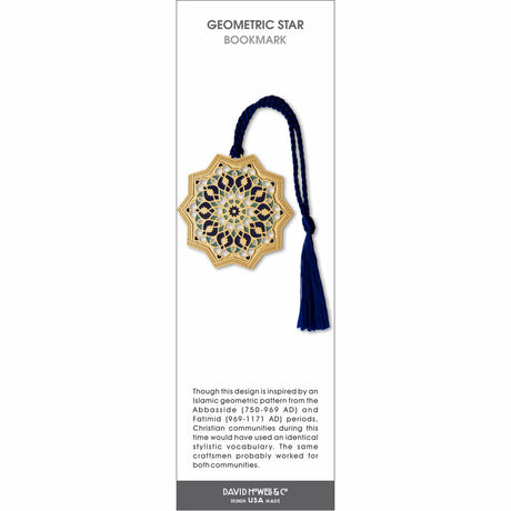 Geometric Star’ bookmark with an intricate gold, green, and blue geometric star pattern and a dark blue tassel.