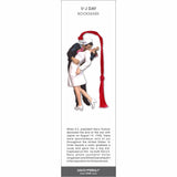 V-J Day bookmark featuring a sailor kissing a nurse, inspired by the iconic 1945 Times Square photograph, with a red tassel.