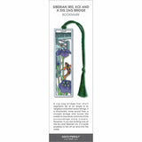 Siberian Iris, Koi and a Zig Zag Bridge’ bookmark with purple iris flowers, an orange-and-black koi fish, a geometric bridge pattern, and a green tassel.