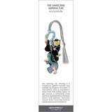 Dancing geisha cat bookmark featuring a cat dressed in a flowing geisha robe mid-dance, with decorative patterns and a silver tassel.