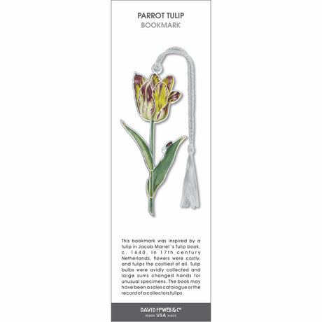 Parrot tulip bookmark with a yellow and red tulip bloom, green stem and leaves, and a white tassel.