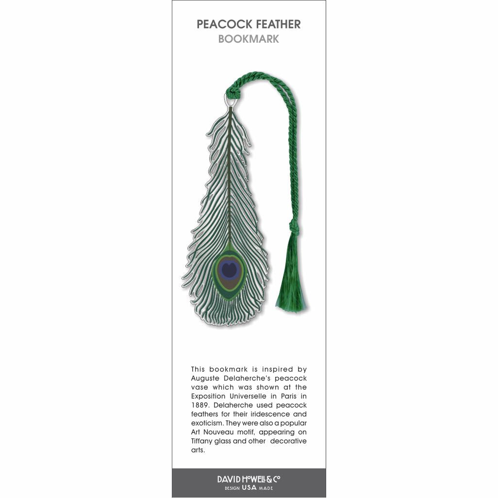 Peacock feather bookmark featuring a detailed green feather design with a blue and purple eye pattern and a matching green tassel.