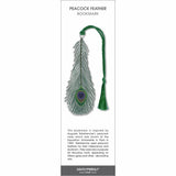 Peacock feather bookmark featuring a detailed green feather design with a blue and purple eye pattern and a matching green tassel.